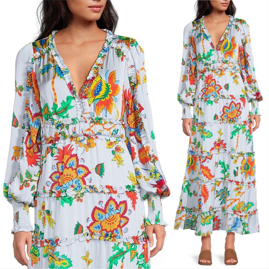 Chelsea & Violet Margaux Plisse V-Neck Maxi Dress Size Xs Sky Floral New $159